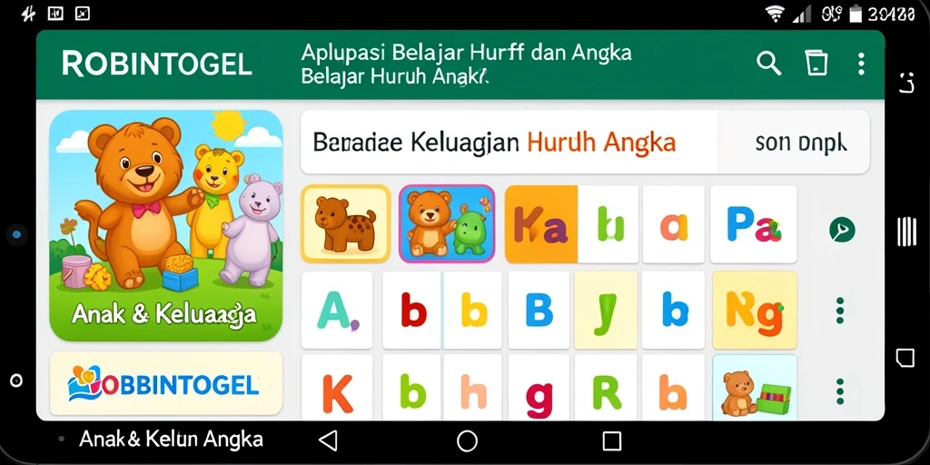 Antarmuka interaktif ROBINTOGEL untuk belajar huruf dan angka.